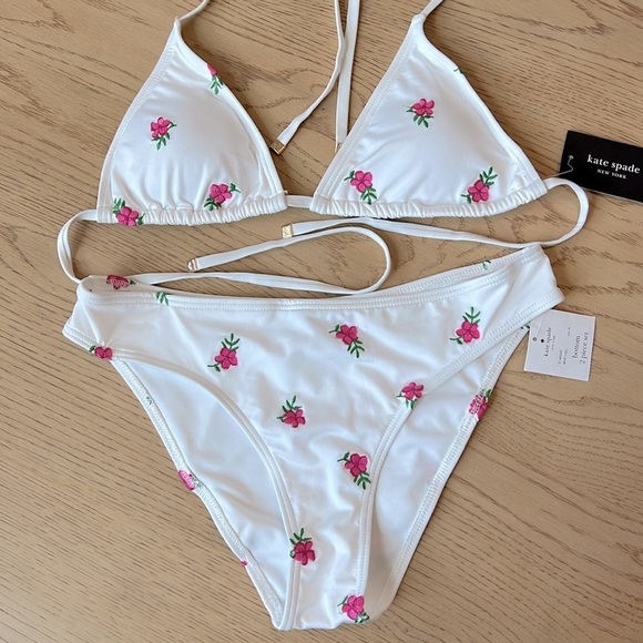 NWT Kate Spade White String Bikini Set Hot Pink Embroidered Floral Print Medium - Picture 3 of 8